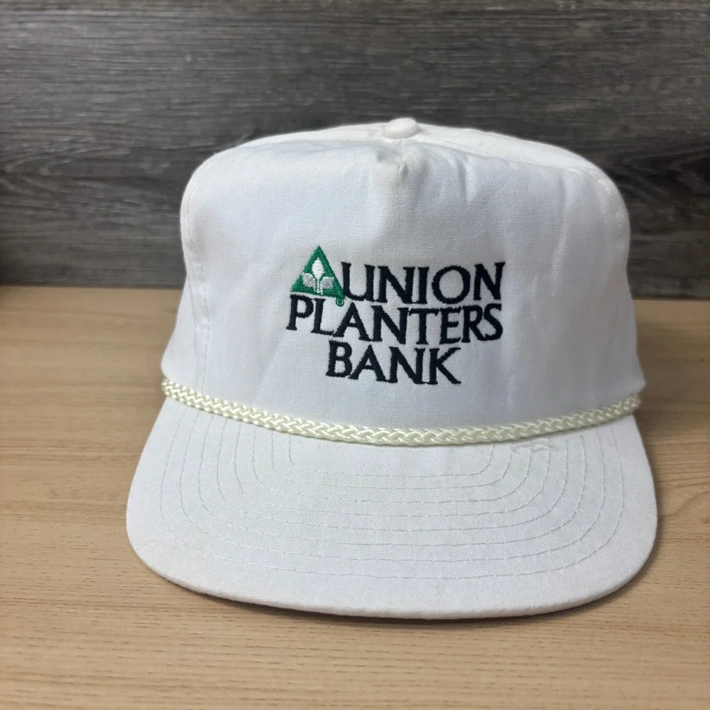 Vintage Union Planters Bank Hat Cap Strap Back White Rope Trucker 90s